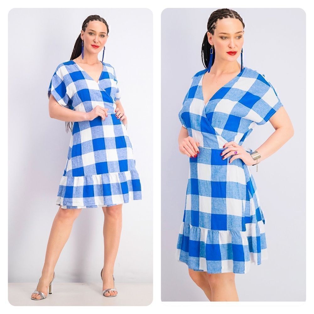 Old Navy Size Large Petite LP Blue & White Plaid Linen Summer Wrap Dress
